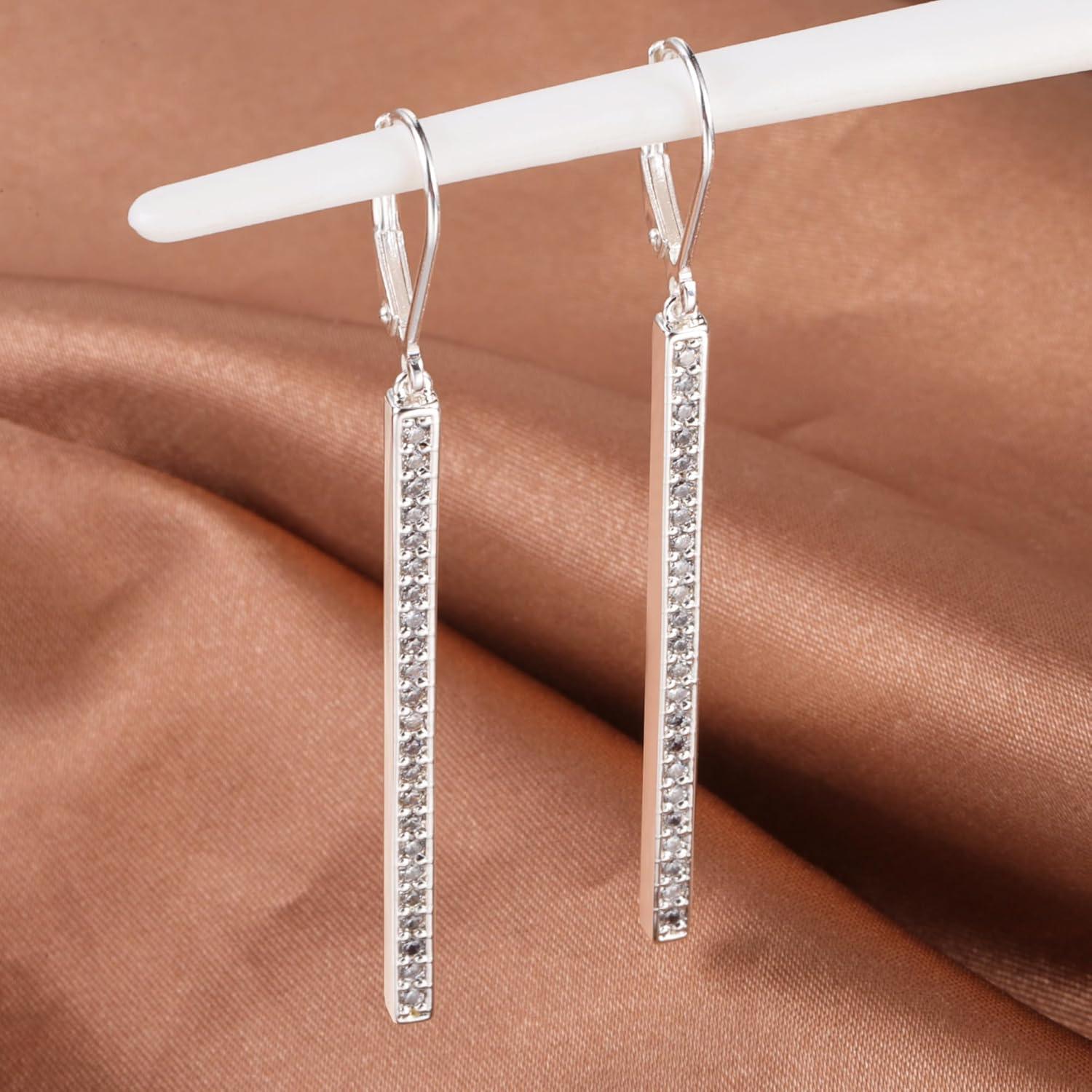 LANCHARMED 925 Sterling Silver Bar Dangle Drop Earrings for Women, 14K Gold French Style Leverback Dangle Drop Earrings, Hypoallergenic Jewelry(CZ Silver)