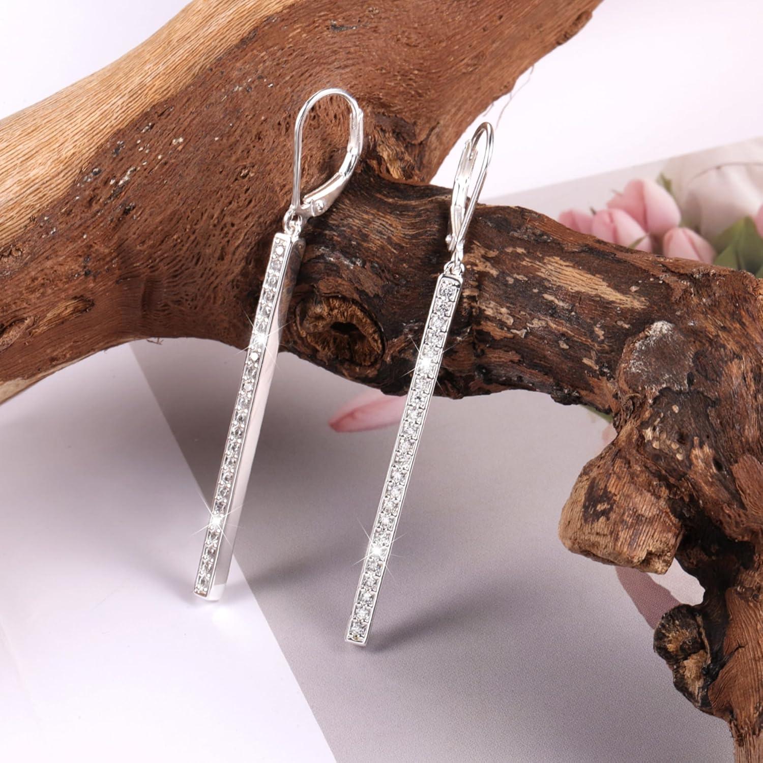 LANCHARMED 925 Sterling Silver Bar Dangle Drop Earrings for Women, 14K Gold French Style Leverback Dangle Drop Earrings, Hypoallergenic Jewelry(CZ Silver)