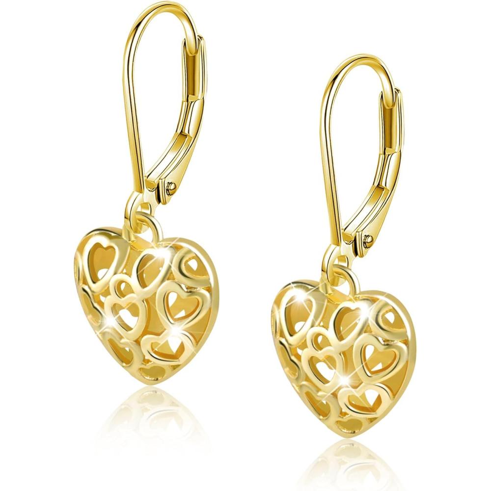 LANCHARMED 925 Sterling Silver 14K Gold French Style Leverback Earrings, Heart Dangle Drop Earrings for Women Hypoallergenic Jewelry(Heart Dangle Gold)