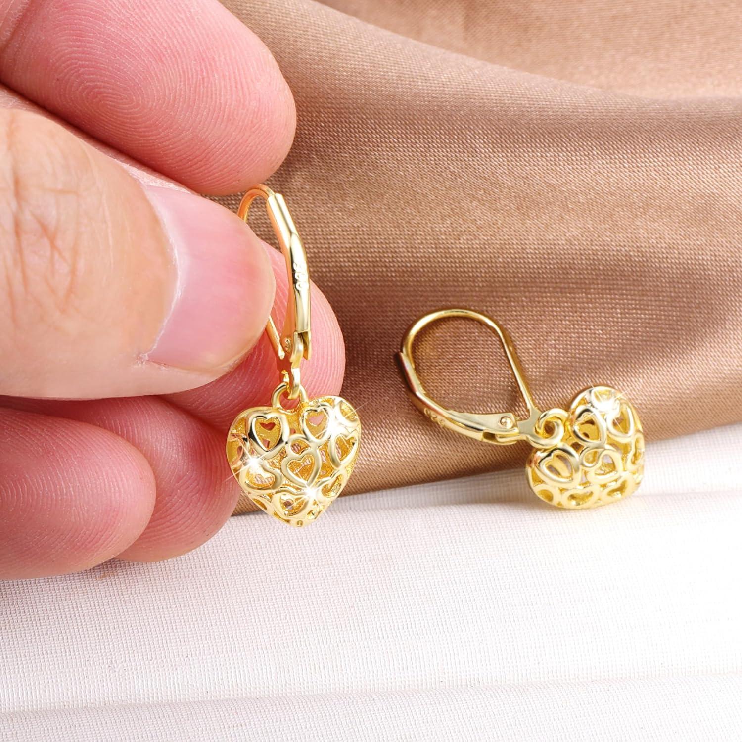 LANCHARMED 925 Sterling Silver 14K Gold French Style Leverback Earrings, Heart Dangle Drop Earrings for Women Hypoallergenic Jewelry(Heart Dangle Gold)