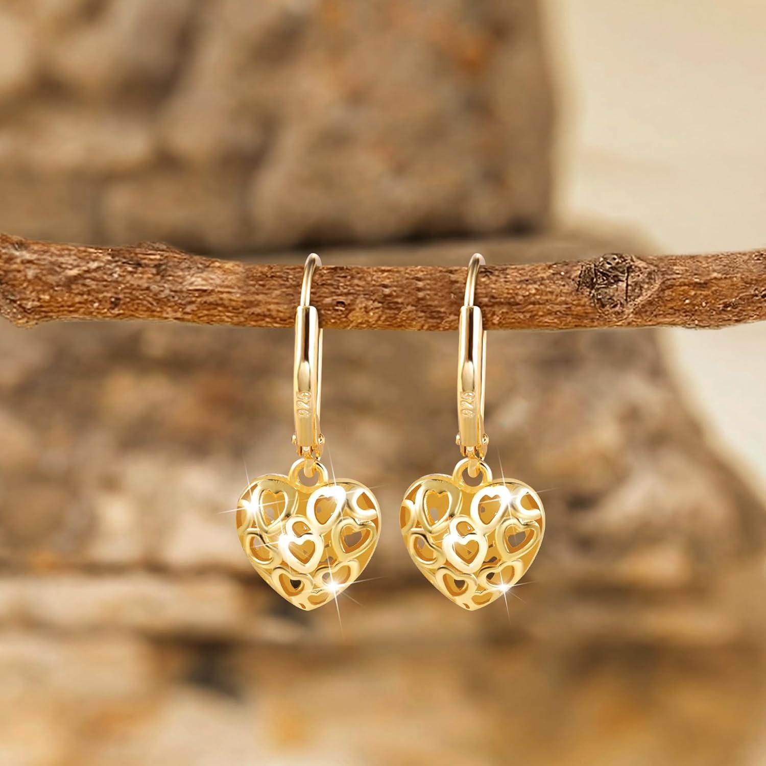LANCHARMED 925 Sterling Silver 14K Gold French Style Leverback Earrings, Heart Dangle Drop Earrings for Women Hypoallergenic Jewelry(Heart Dangle Gold)