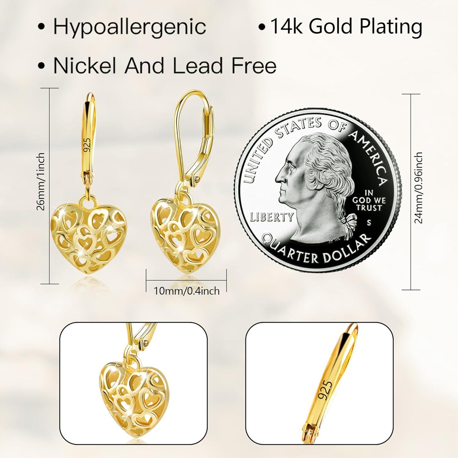 LANCHARMED 925 Sterling Silver 14K Gold French Style Leverback Earrings, Heart Dangle Drop Earrings for Women Hypoallergenic Jewelry(Heart Dangle Gold)