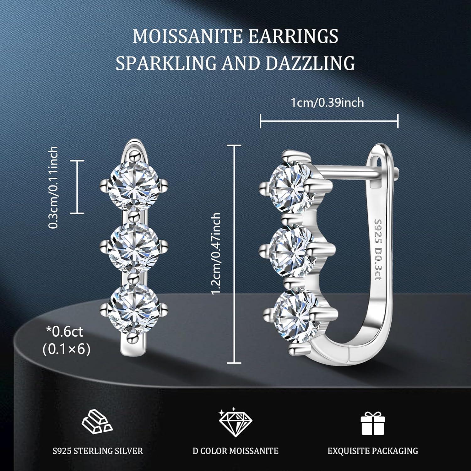Moissanite Hoop Earrings for Women Lab Created 0.6 Carat-1.8 Carat Diamond Huggie Earrings White Gold Plated D Color Round Cut 925 Sterling Silver Earring GRA Certified(0.3*2carat)