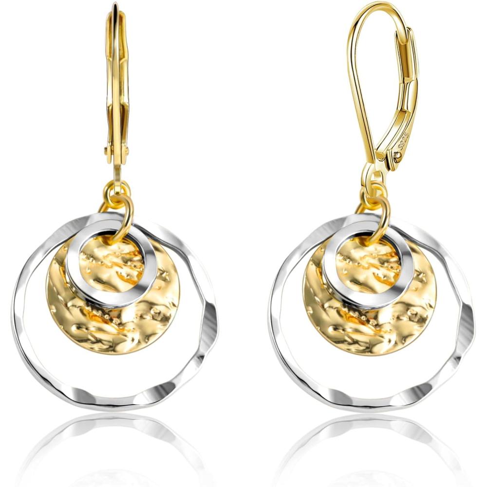Sterling Silver Disc Leverback Earrings for Women Gold and Silver Circle Drop Dangle Earrings Jewelry Hypoallergenic Hammered Leverback Dangle Earrings for Gifts(Two Tone)