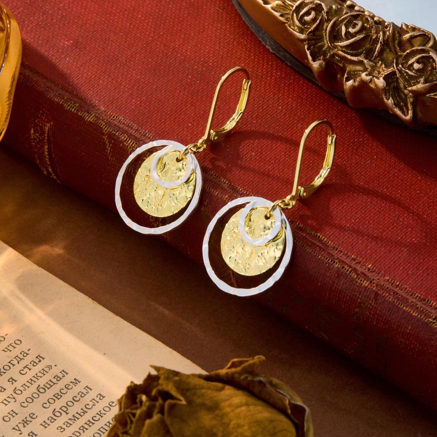 Sterling Silver Disc Leverback Earrings for Women Gold and Silver Circle Drop Dangle Earrings Jewelry Hypoallergenic Hammered Leverback Dangle Earrings for Gifts(Two Tone)