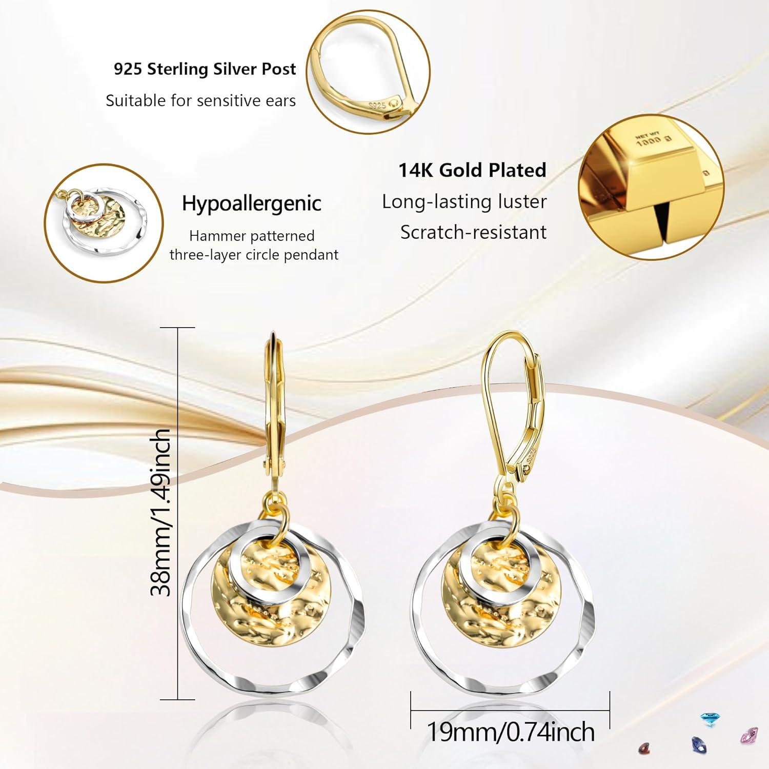 Sterling Silver Disc Leverback Earrings for Women Gold and Silver Circle Drop Dangle Earrings Jewelry Hypoallergenic Hammered Leverback Dangle Earrings for Gifts(Two Tone)