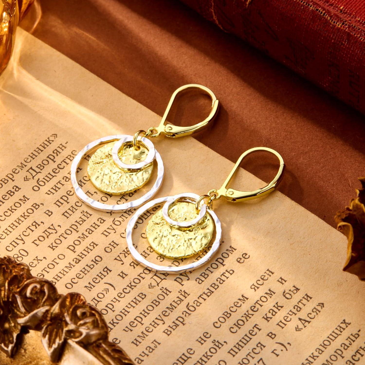 Sterling Silver Disc Leverback Earrings for Women Gold and Silver Circle Drop Dangle Earrings Jewelry Hypoallergenic Hammered Leverback Dangle Earrings for Gifts(Two Tone)