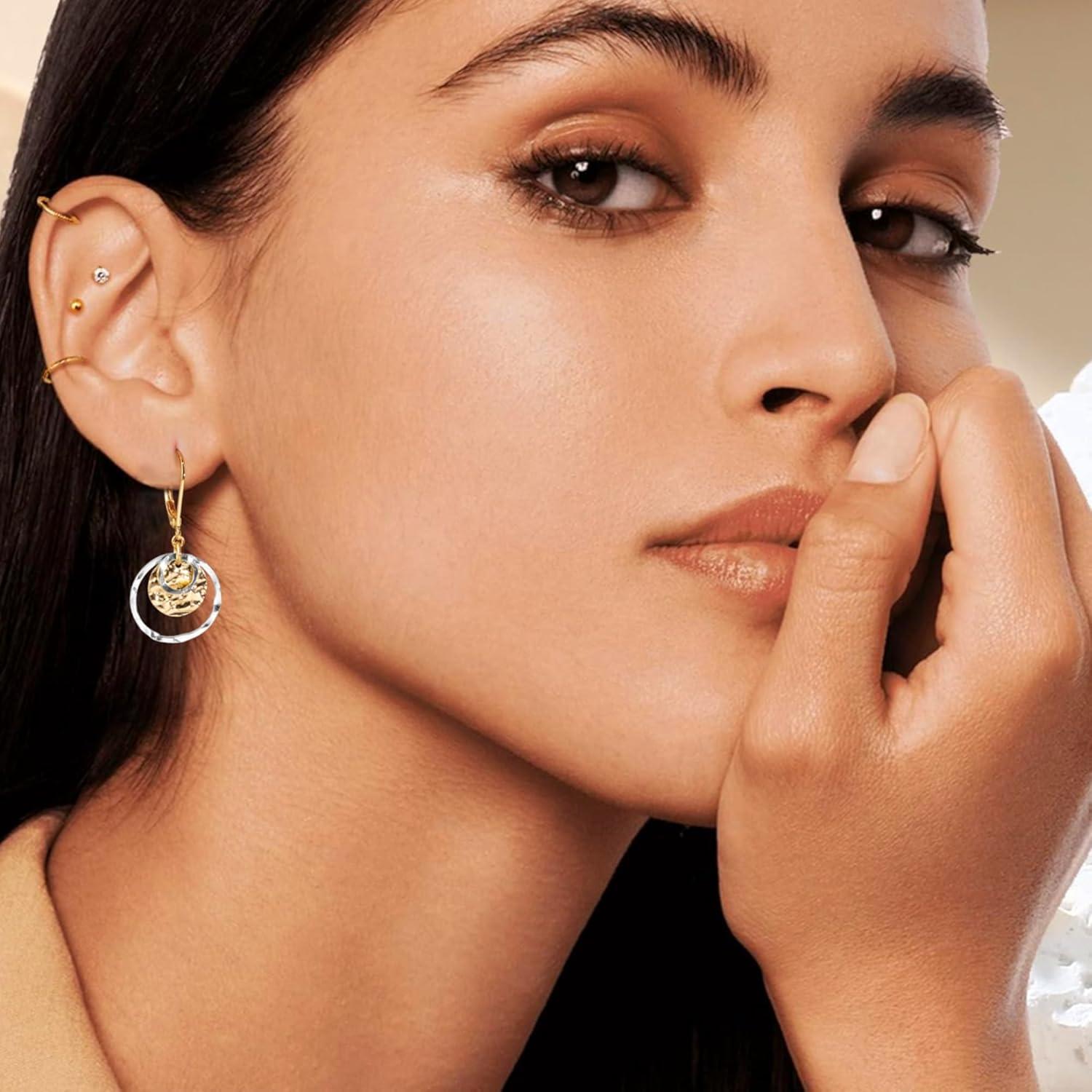 Sterling Silver Disc Leverback Earrings for Women Gold and Silver Circle Drop Dangle Earrings Jewelry Hypoallergenic Hammered Leverback Dangle Earrings for Gifts(Two Tone)