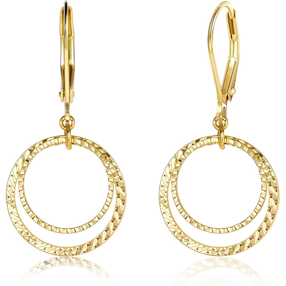 Silver Leverback Earrings for Women Double Circle Dangle Drop Earrings(A-14K Gold)