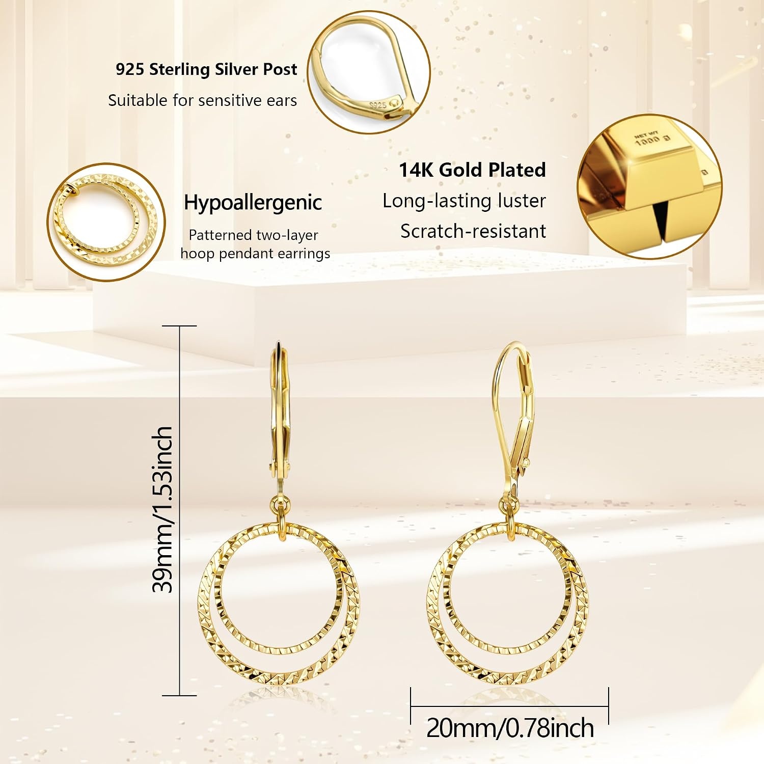 Silver Leverback Earrings for Women Double Circle Dangle Drop Earrings(A-14K Gold)