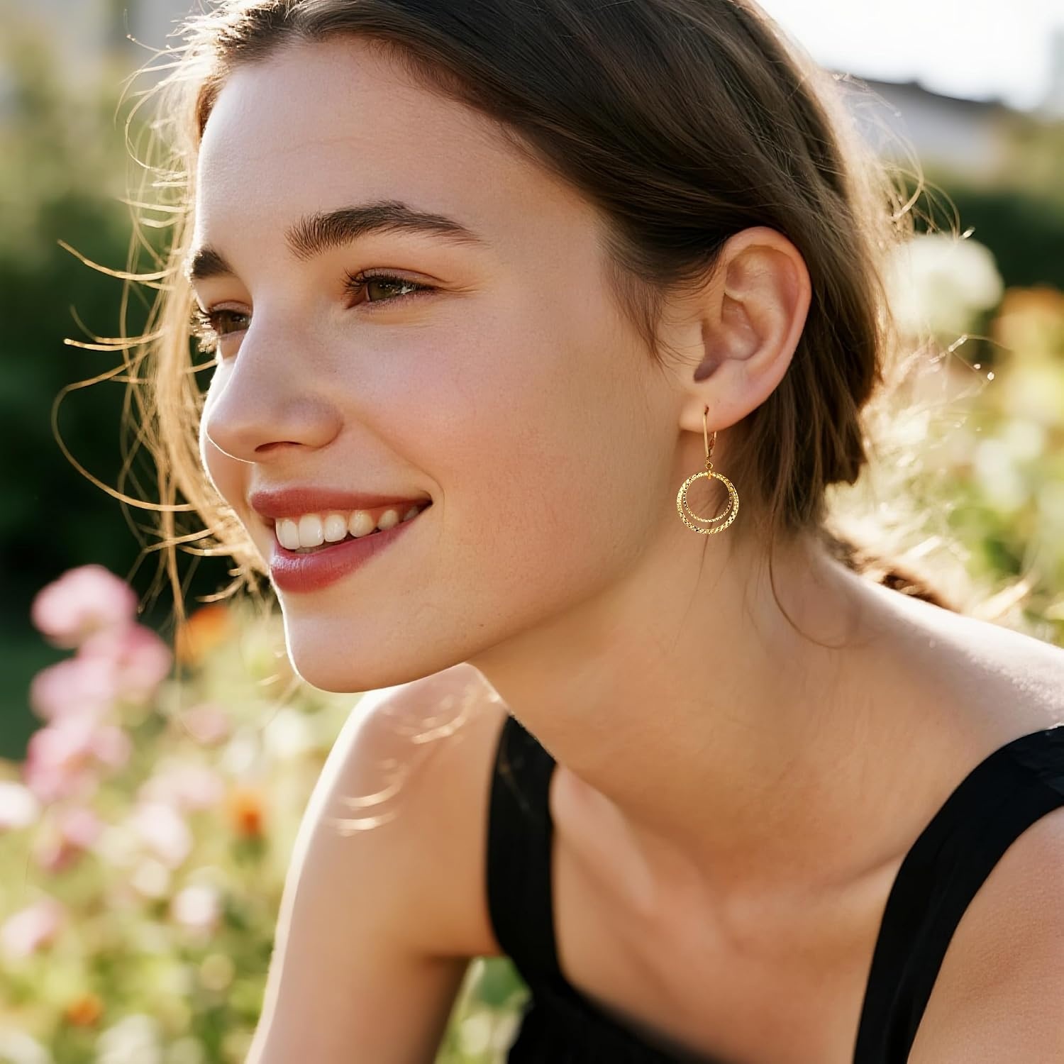 Silver Leverback Earrings for Women Double Circle Dangle Drop Earrings(A-14K Gold)