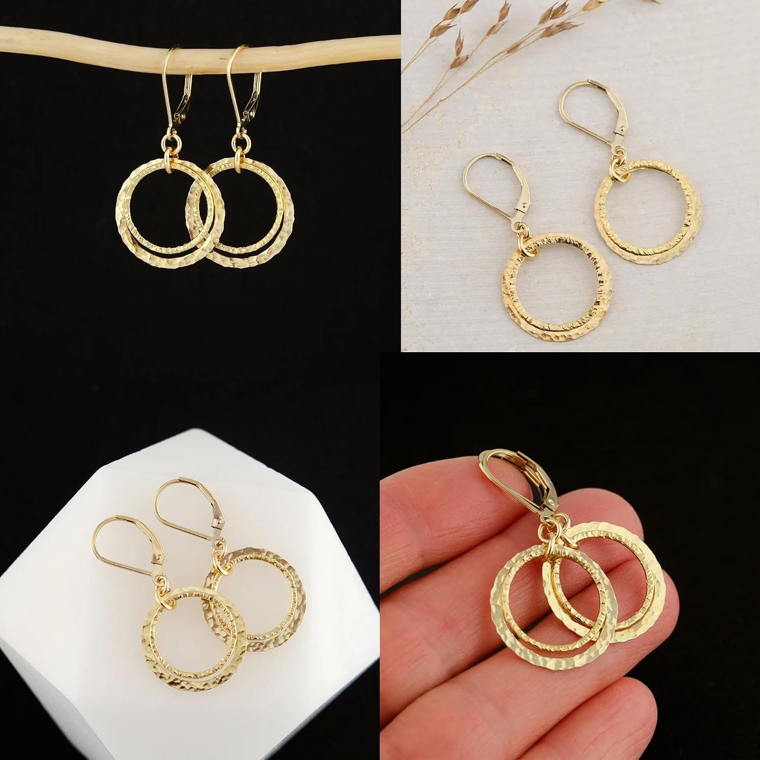 Silver Leverback Earrings for Women Double Circle Dangle Drop Earrings(A-14K Gold)