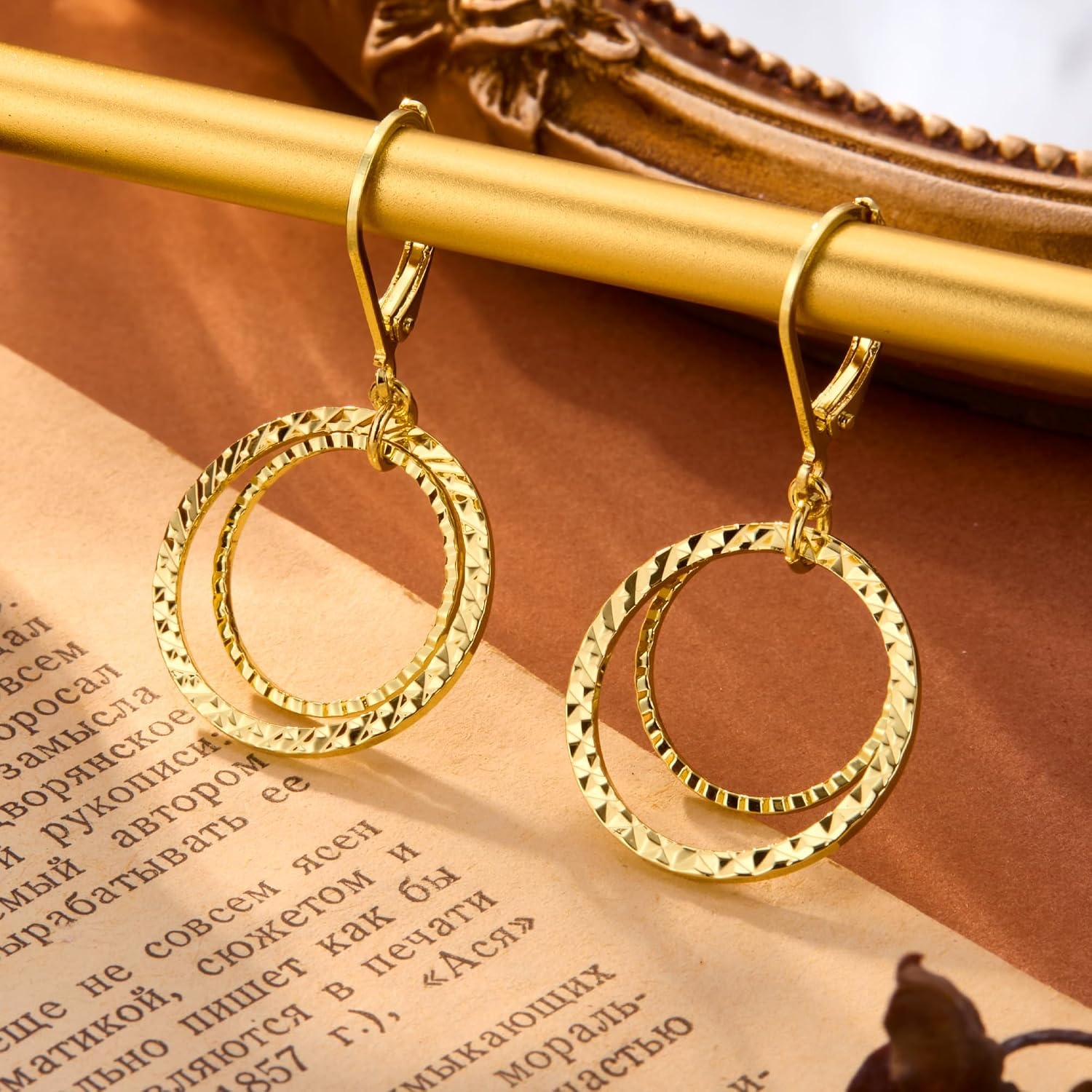 Silver Leverback Earrings for Women Double Circle Dangle Drop Earrings(A-14K Gold)
