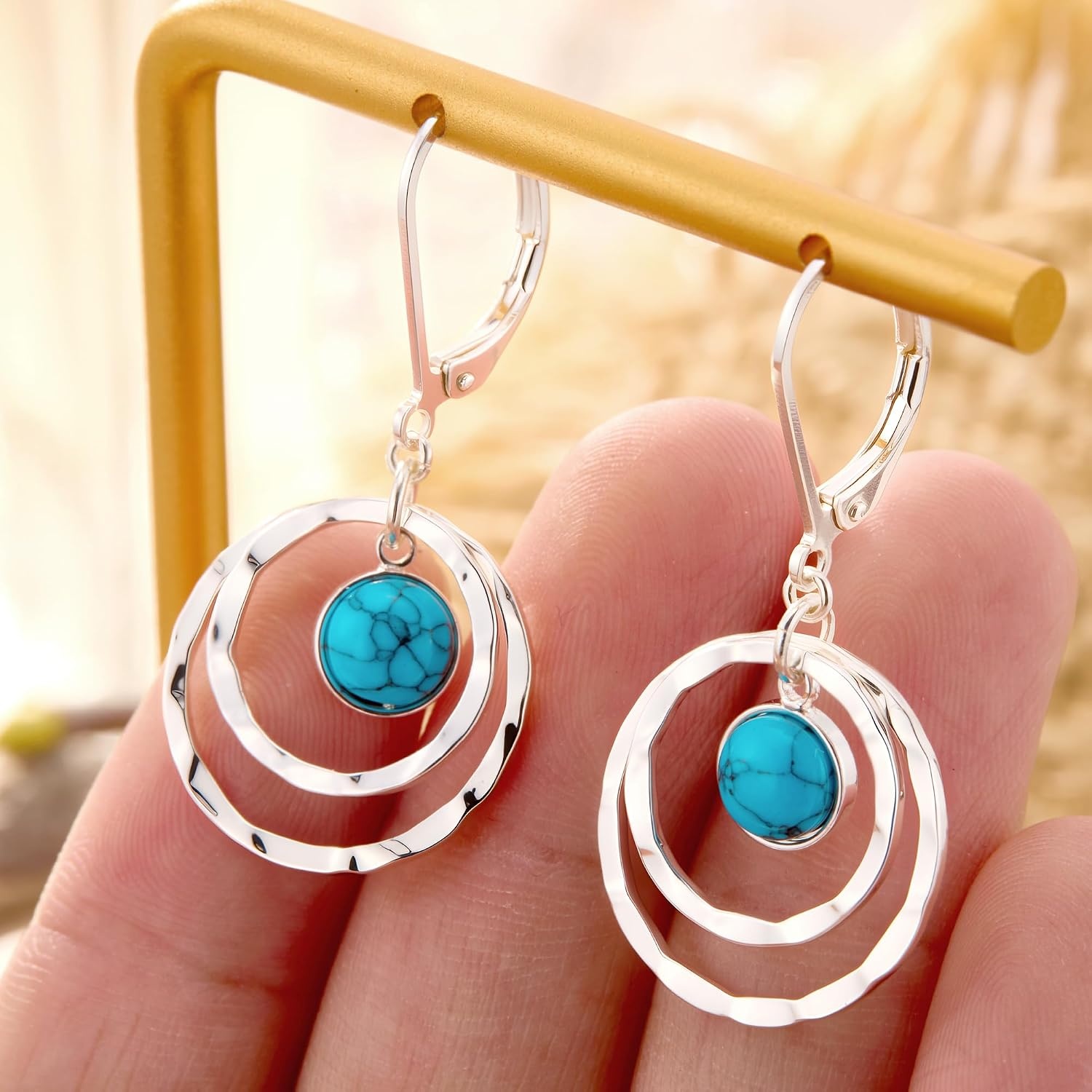 Silver Leverback Earrings for Women Double Circle Dangle Drop Earrings(B-Silver)