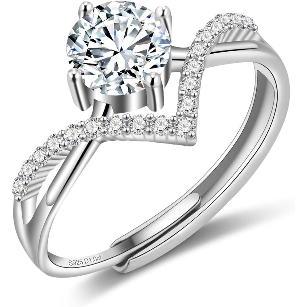 LANCHARMED 1 Carat Moissanite Rings for Women Sterling Silver Adjustable Engagement Wedding Promise Rings Sterling Silver D Color VVS1 Lab Created Moissanite Ring Jewelry for Women