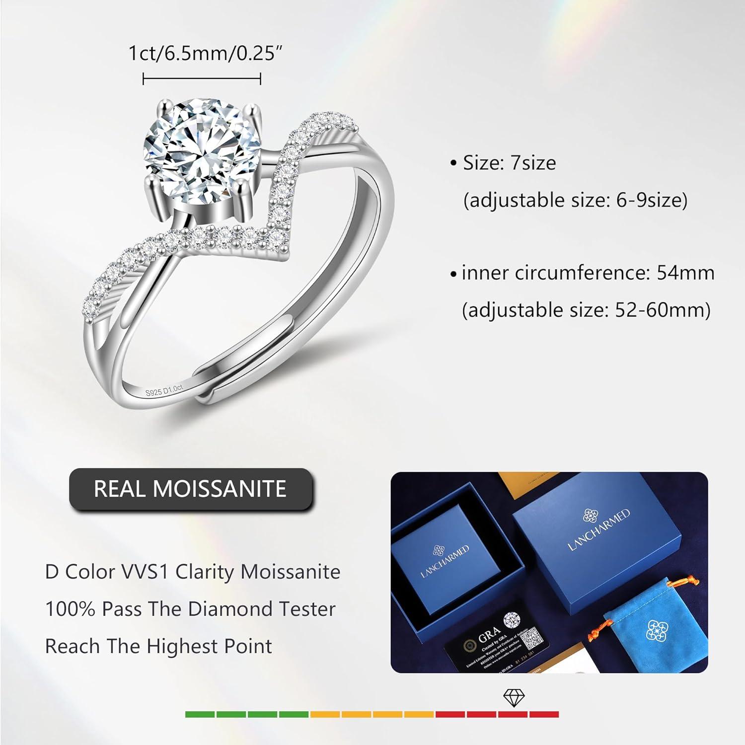 LANCHARMED 1 Carat Moissanite Rings for Women Sterling Silver Adjustable Engagement Wedding Promise Rings Sterling Silver D Color VVS1 Lab Created Moissanite Ring Jewelry for Women
